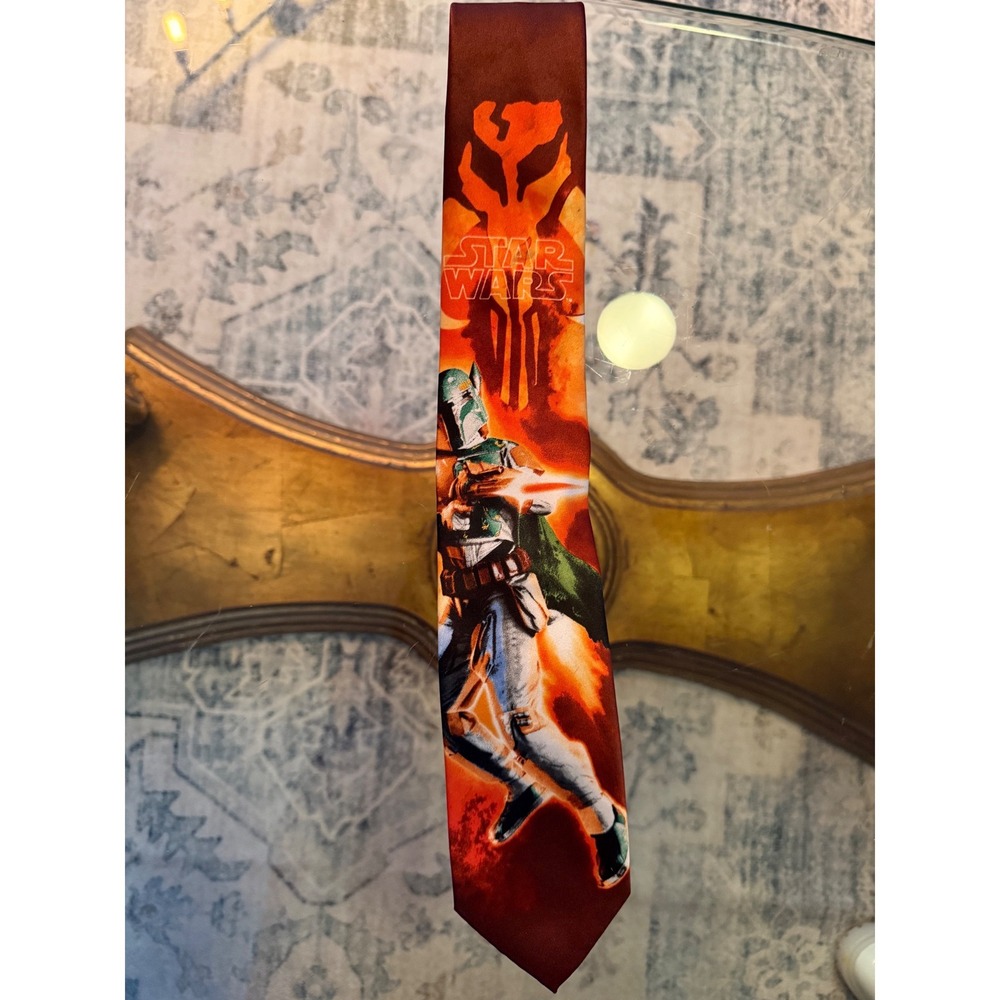Star Wars Boba Fett Mandalorian Mythosaur Graphic Necktie Red Orange Mens Tie